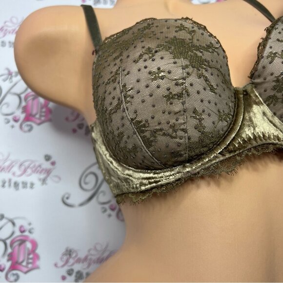 Victoria secret lined Demi bra green khaki lace velvet velour soft rare Angels - Picture 4 of 12